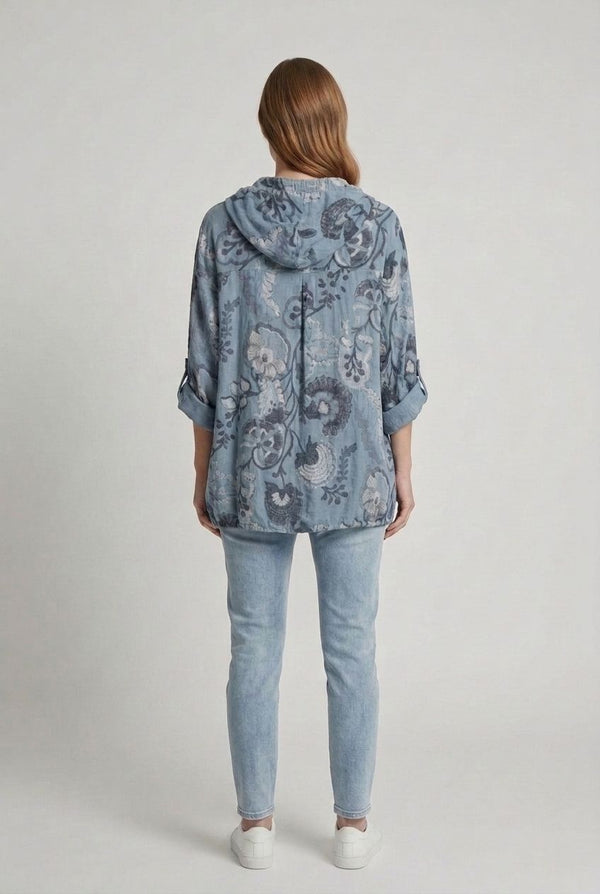 Blue | Floral Zip Front Hooded Relaxed Jacket
