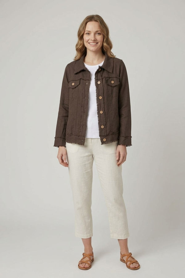 Brown | Frayed Hem Button Front Shirt Jacket