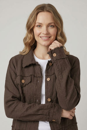 Brown | Frayed Hem Button Front Shirt Jacket