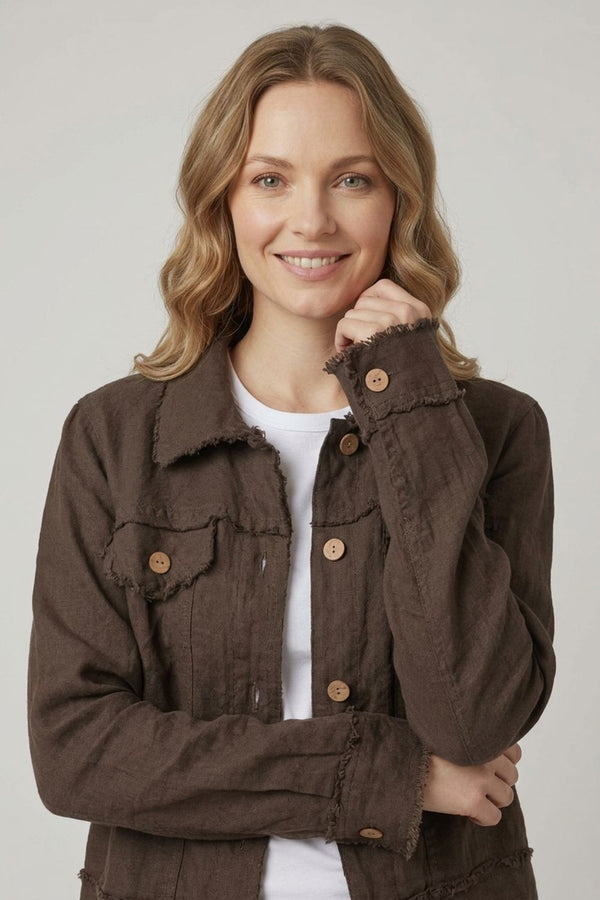 Brown | Frayed Hem Button Front Shirt Jacket