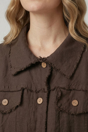 Brown | Frayed Hem Button Front Shirt Jacket