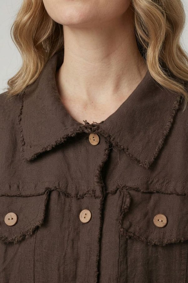 Brown | Frayed Hem Button Front Shirt Jacket