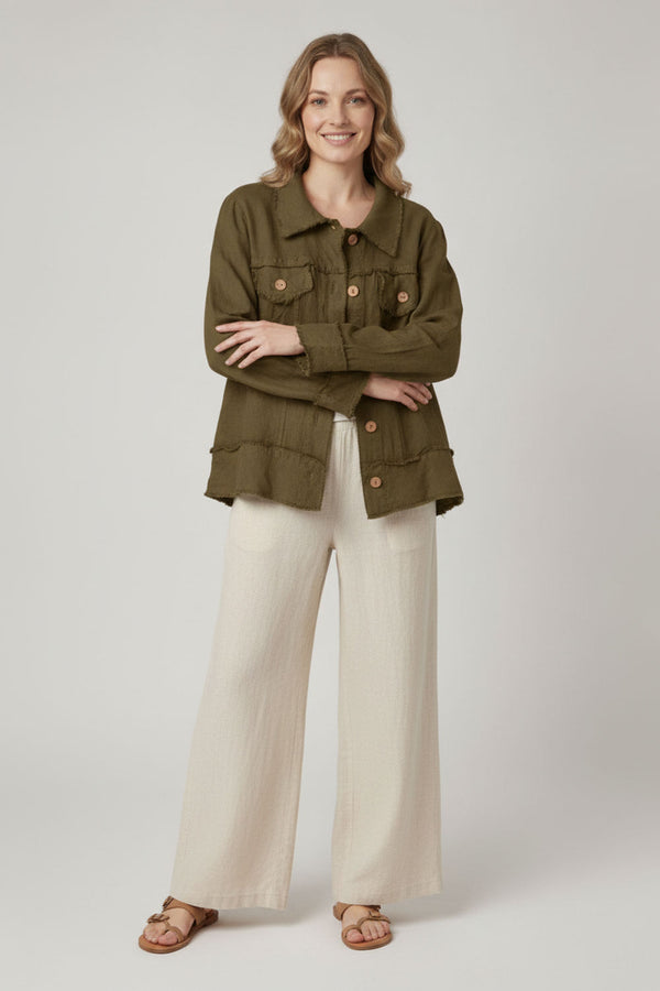Khaki | Frayed Hem Button Front Shirt Jacket