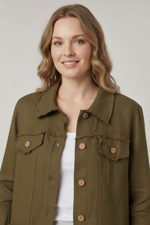 Khaki | Frayed Hem Button Front Shirt Jacket