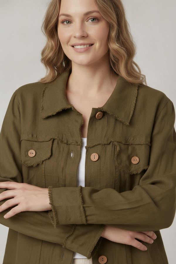 Khaki | Frayed Hem Button Front Shirt Jacket
