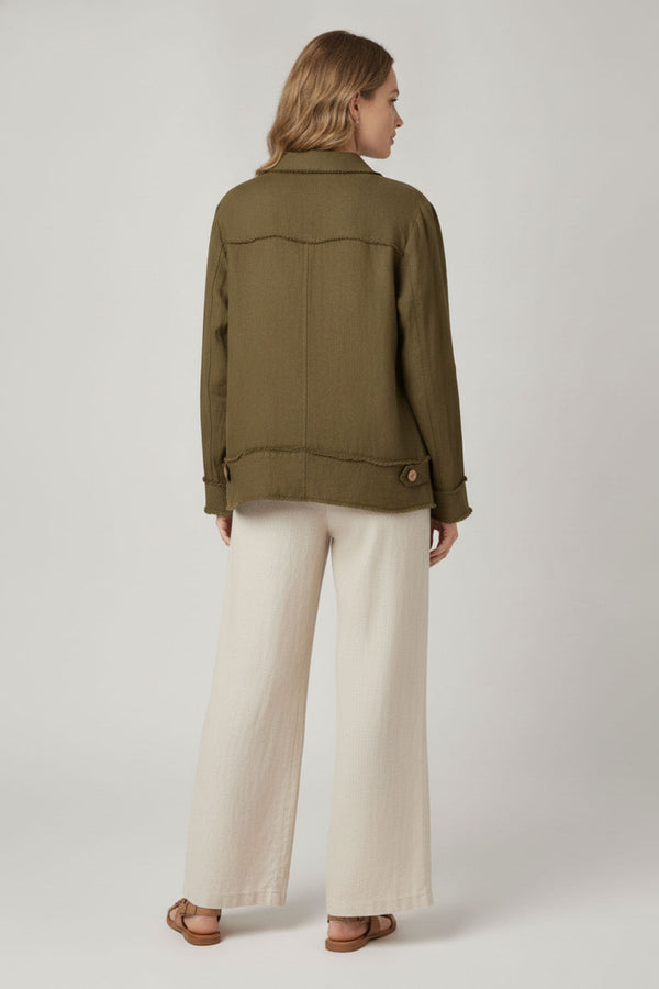 Khaki | Frayed Hem Button Front Shirt Jacket
