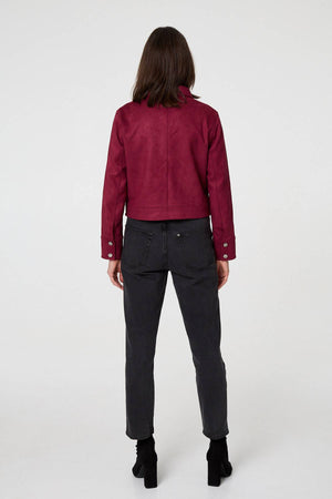 Burgundy | Faux Suede Cropped Collared Jacket
