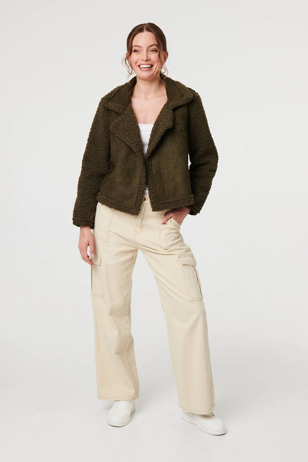 Green | Faux Suede Teddy Lined Biker Jacket
