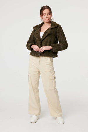 Green | Faux Suede Teddy Lined Biker Jacket
