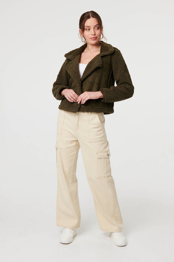 Green | Faux Suede Teddy Lined Biker Jacket
