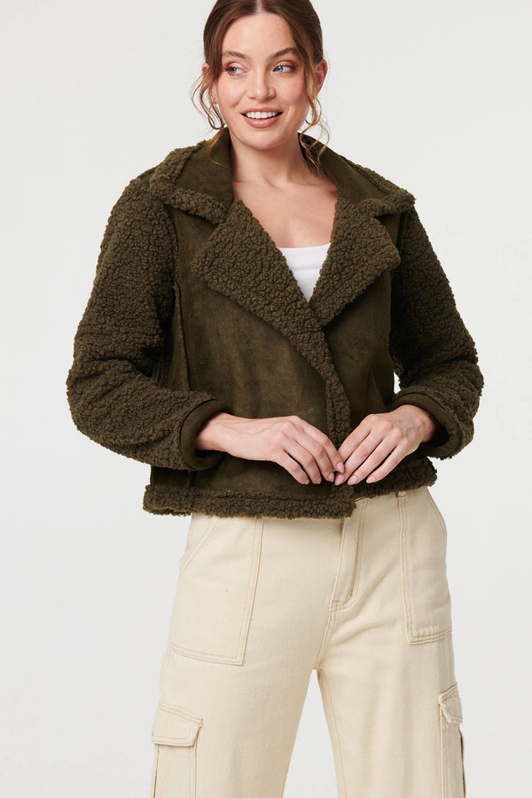 Green | Faux Suede Teddy Lined Biker Jacket
