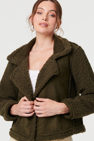 Green | Faux Suede Teddy Lined Biker Jacket
