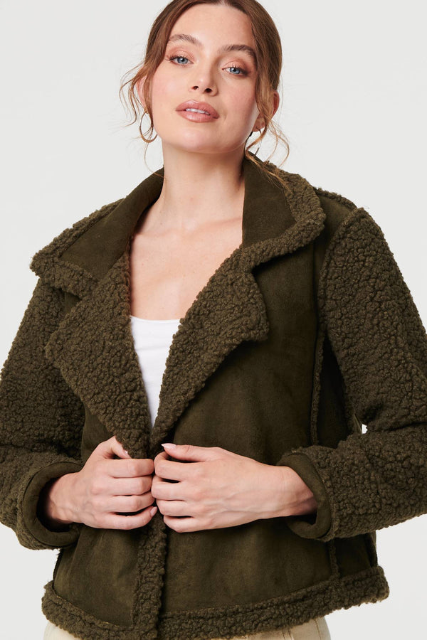 Green | Faux Suede Teddy Lined Biker Jacket
