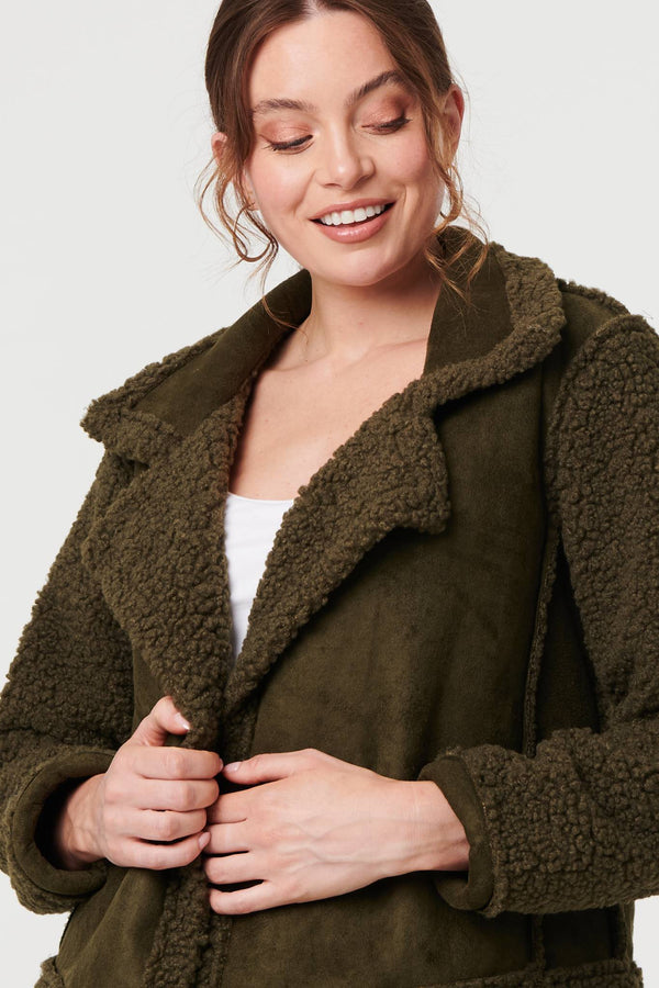 Green | Faux Suede Teddy Lined Biker Jacket
