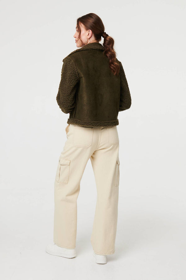 Green | Faux Suede Teddy Lined Biker Jacket
