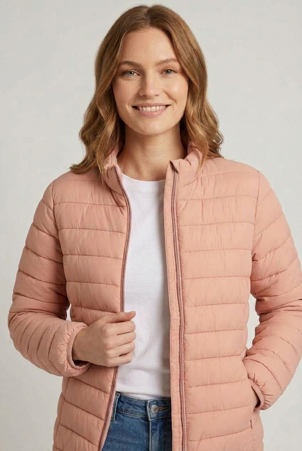 Pink | High Neck Zip-Up Padded Puffer Jacket