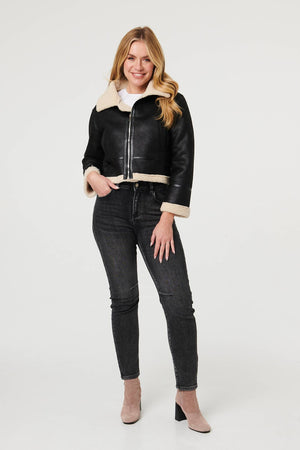 Black | Faux Suede Teddy-Lined Cropped Jacket
