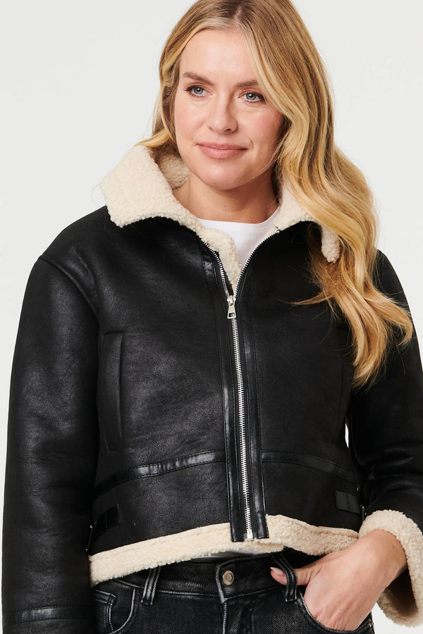 Black | Faux Suede Teddy-Lined Cropped Jacket
