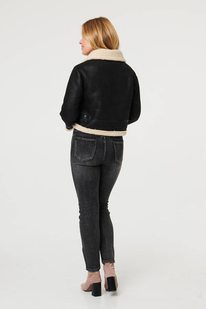 Black | Faux Suede Teddy-Lined Cropped Jacket
