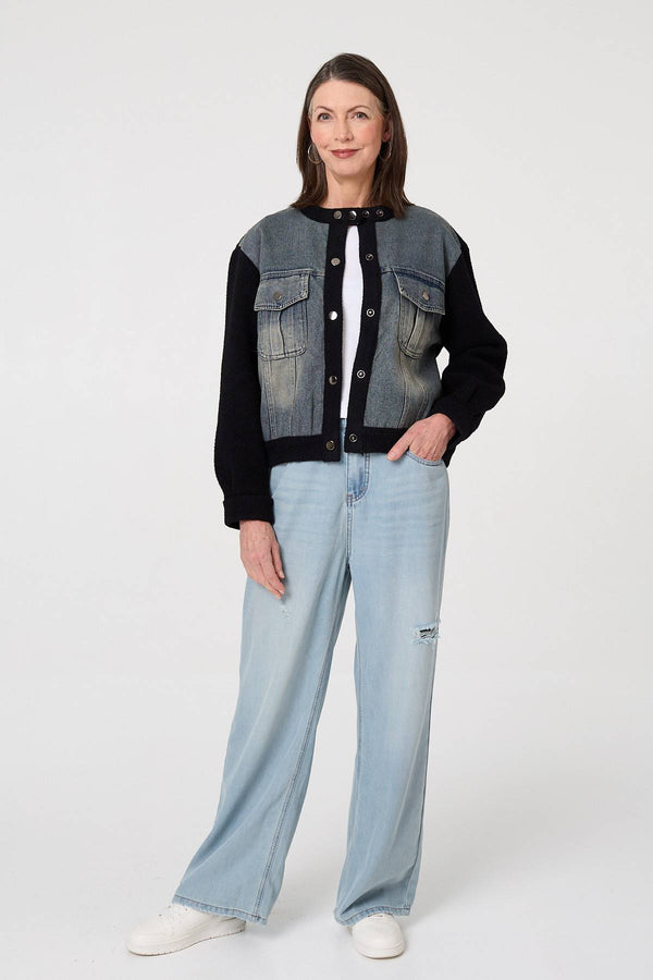 Black | Denim Contrast Texture Boxy Jacket
