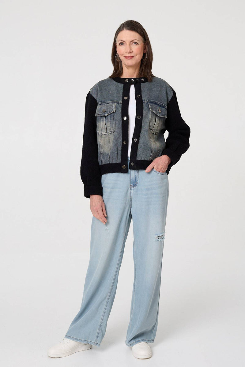 Black | Denim Contrast Texture Boxy Jacket
