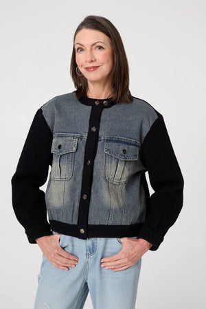 Black | Denim Contrast Texture Boxy Jacket : Model is 5'8
