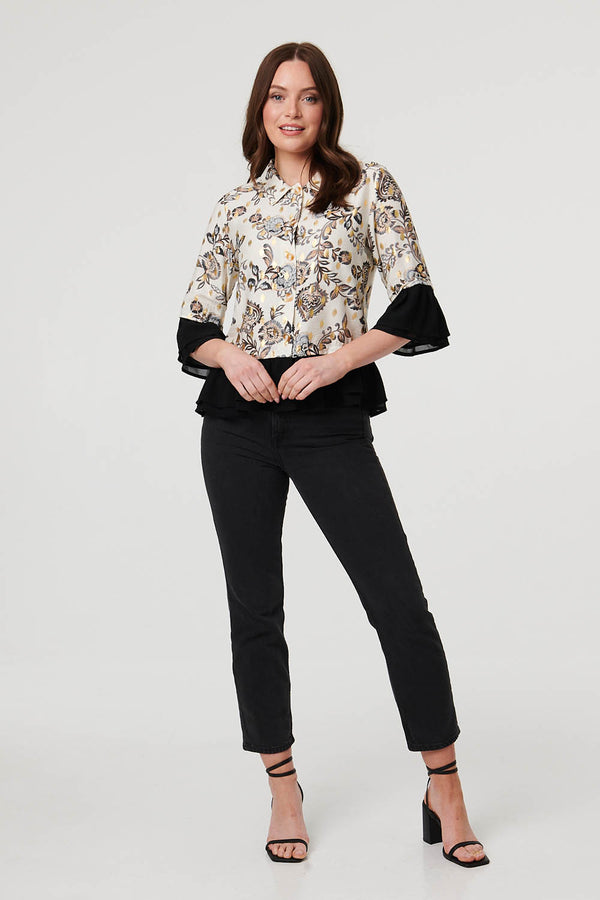 Cream | Floral Contrast Trim 3/4 Sleeve Jacket