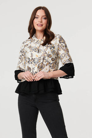 Cream | Floral Contrast Trim 3/4 Sleeve Jacket