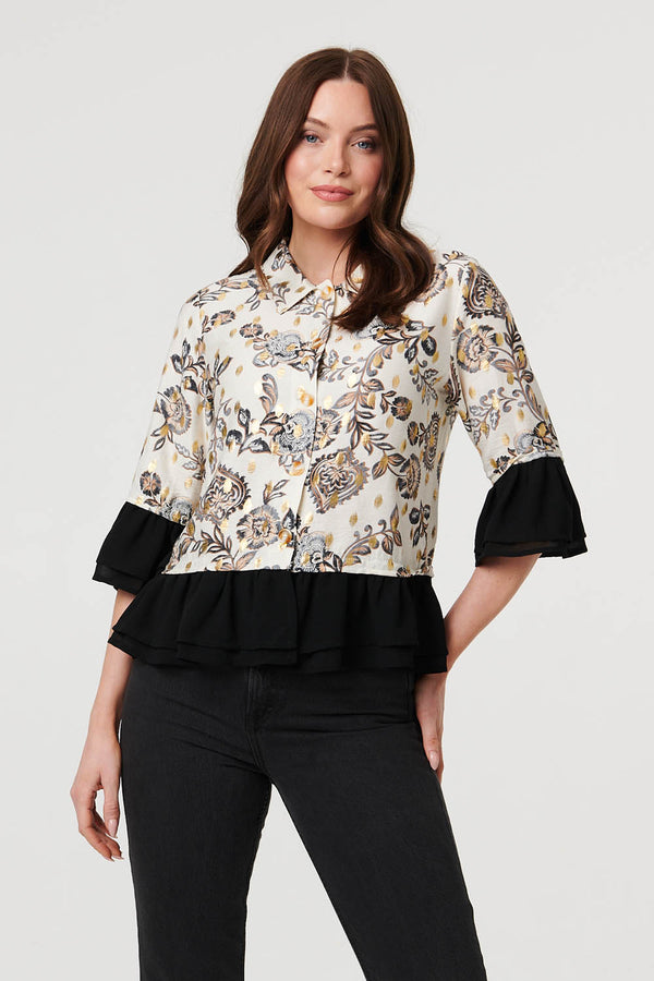 Cream | Floral Contrast Trim 3/4 Sleeve Jacket