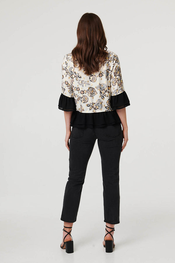 Cream | Floral Contrast Trim 3/4 Sleeve Jacket