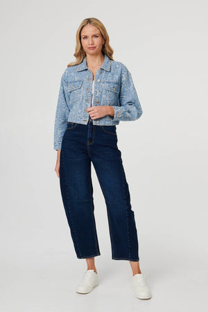 Blue | Floral Print Cropped Denim Jacket