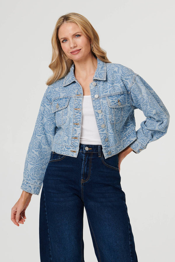 Blue | Floral Print Cropped Denim Jacket