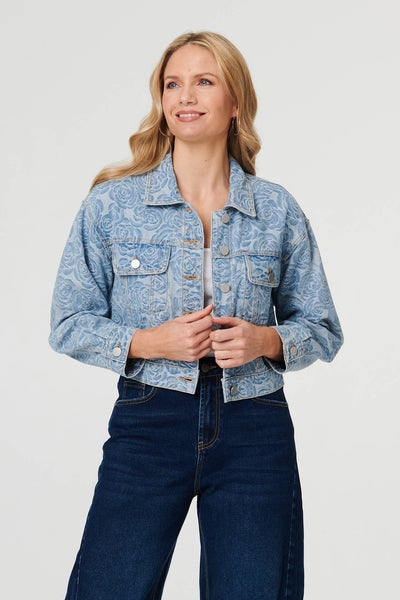Blue | Floral Print Cropped Denim Jacket