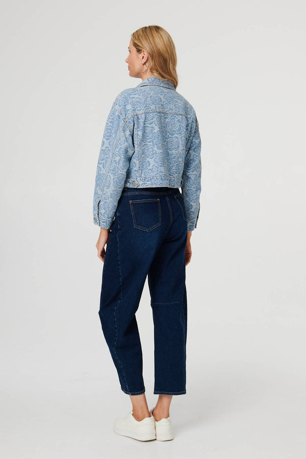 Blue | Floral Print Cropped Denim Jacket