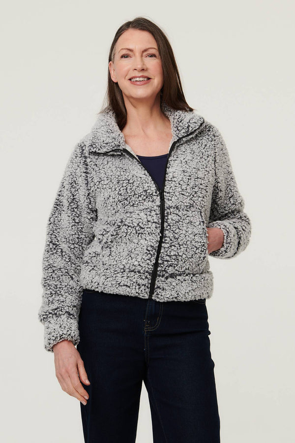 Black | Teddy Textured Relaxed Zip-Up Jacket