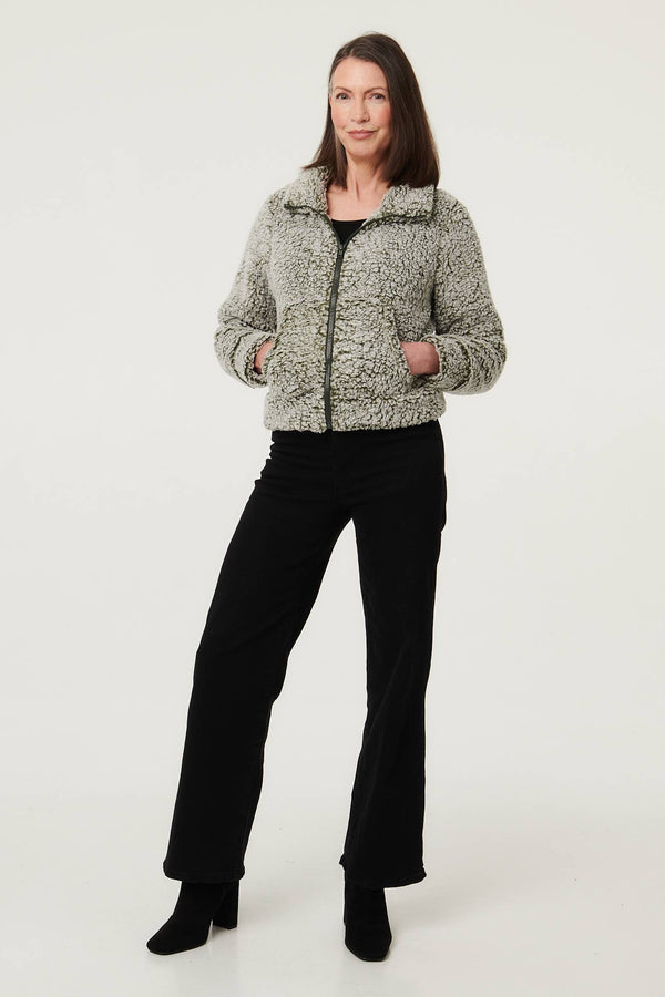 Khaki | Teddy Textured Relaxed Zip-Up Jacket