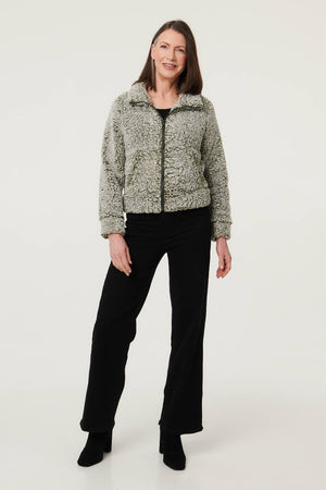 Khaki | Teddy Textured Relaxed Zip-Up Jacket
