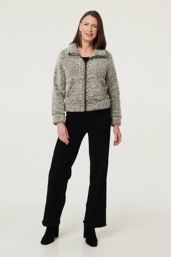 Khaki | Teddy Textured Relaxed Zip-Up Jacket