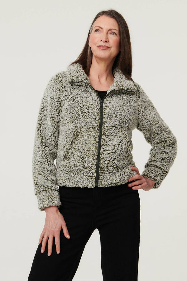 Khaki | Teddy Textured Relaxed Zip-Up Jacket