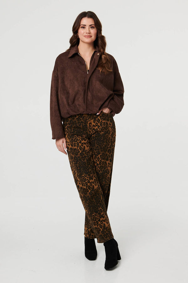 Brown | Faux Suede Long Sleeve Cropped Jacket