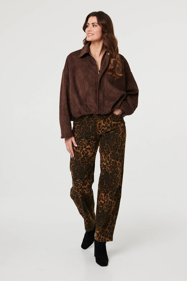 Brown | Faux Suede Long Sleeve Cropped Jacket