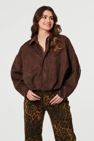 Brown | Faux Suede Long Sleeve Cropped Jacket