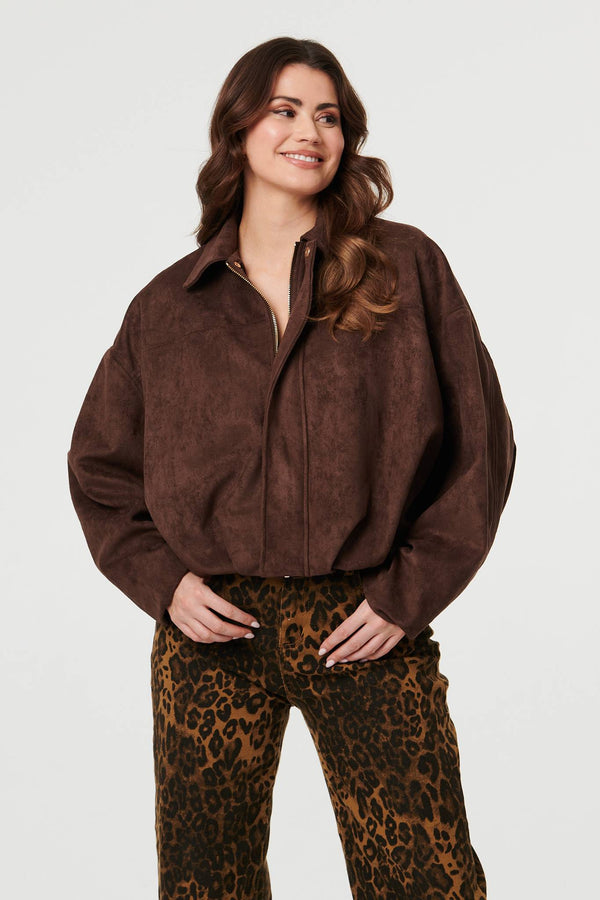 Brown | Faux Suede Long Sleeve Cropped Jacket