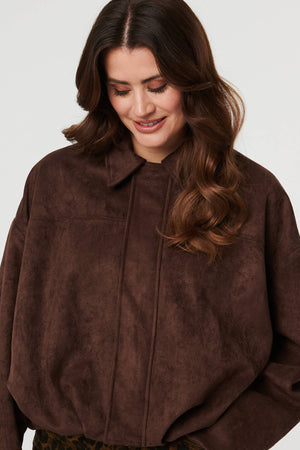 Brown | Faux Suede Long Sleeve Cropped Jacket