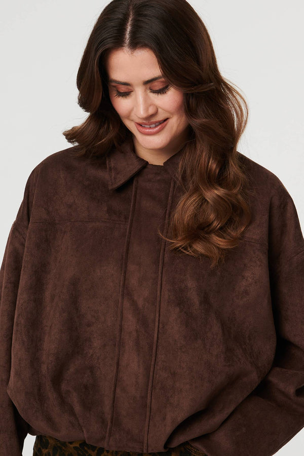 Brown | Faux Suede Long Sleeve Cropped Jacket