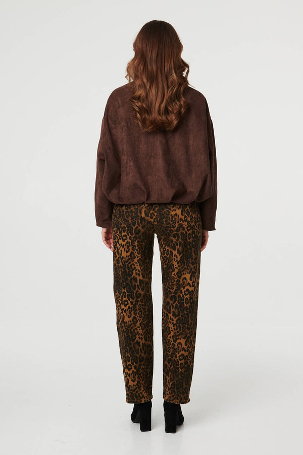 Brown | Faux Suede Long Sleeve Cropped Jacket