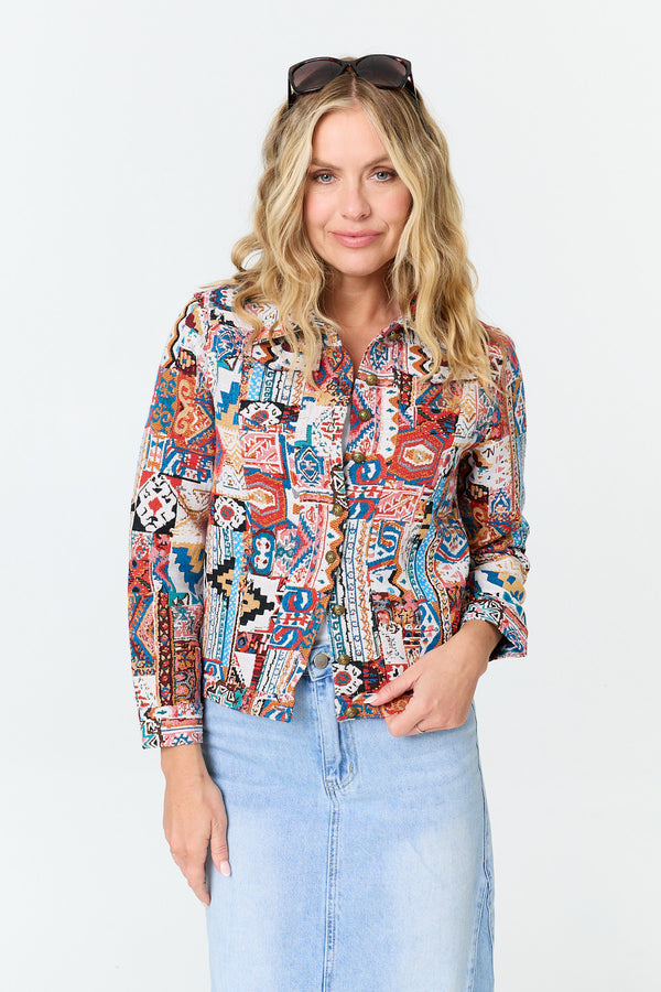 Red | Embroidered Texture Button Front Jacket