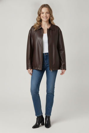 Brown | Faux Leather Texture Cropped Jacket : Model is 5'6