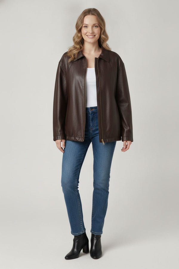Brown | Faux Leather Texture Cropped Jacket