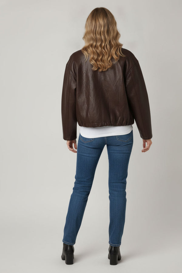 Brown | Faux Leather Texture Cropped Jacket